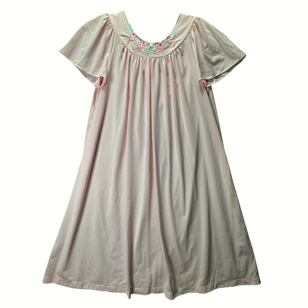 Vintage Shadowline Nightgown Pink Embroidered Roses Large Flutter Sleeve USA